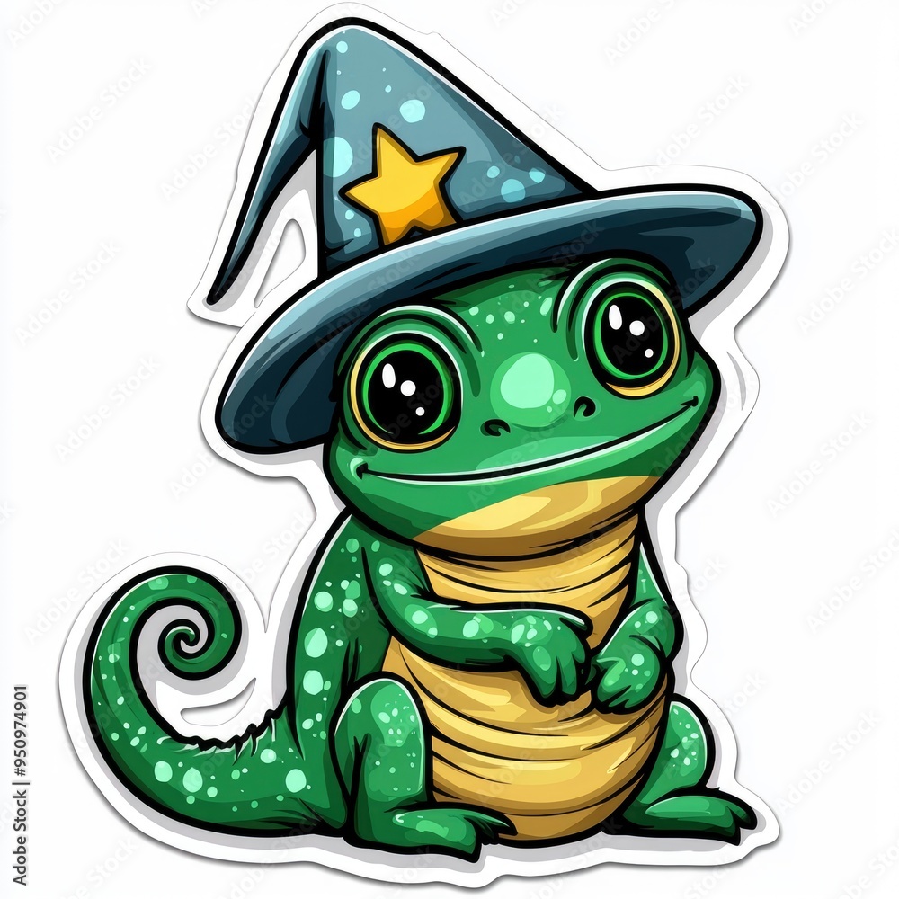 Fototapeta premium Cute Green Frog Wearing a Blue and Yellow Wizard Hat
