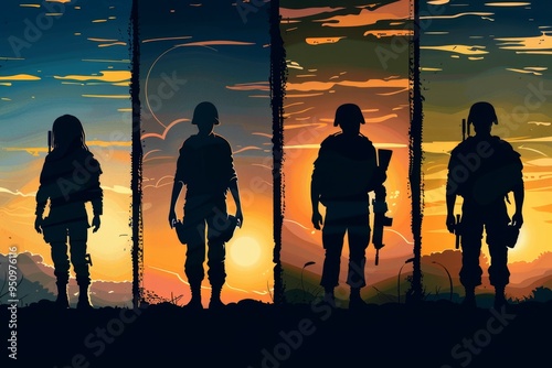 Sunset sky with six military silhouettes photo