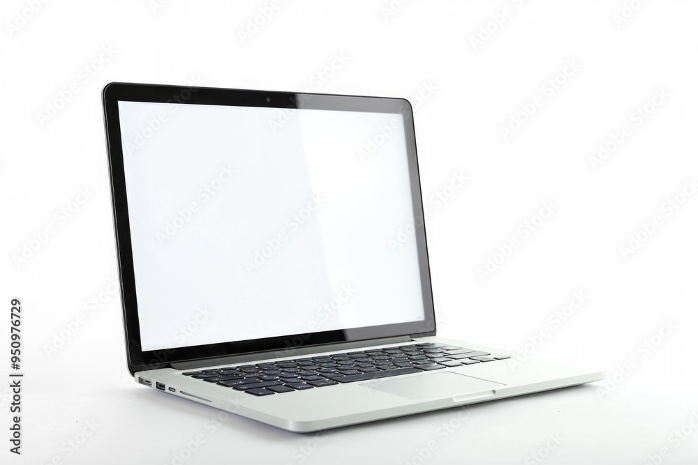 A laptop computer opened on a white surface, suitable for use in office or home settings A laptop computer opened on a white surface, suitable for use in office or home settings
