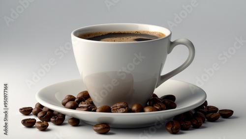 White ceramic cup of hot coffee on saucer surrounded by coffee beans.