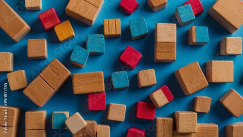 Colorful wooden building blocks scattered on a blue background.