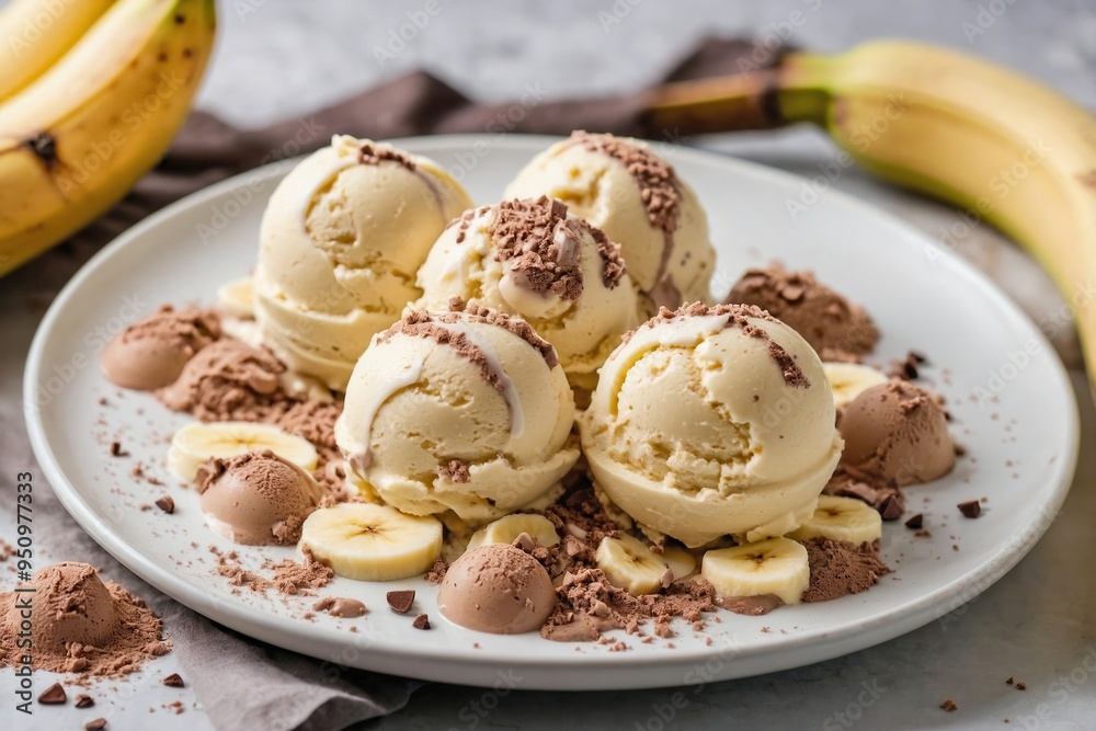 Banana Ice Cream: Overhead view of scoops of banana ice cream placed on a plain white plate, with a few banana slices and a light sprinkle of cocoa powder Banana Ice Cream: Overhead view of scoops of banana ice cream placed on a plain white plate, with a few banana slices and a light sprinkle of cocoa powder