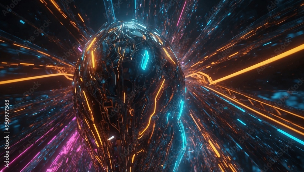 Futuristic glowing globe with neon blue and orange trails Futuristic glowing globe with neon blue and orange trails