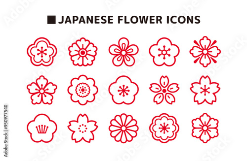 伝統的な日本の花の線画アイコンセット、赤い家紋風の花柄のイラスト素材一式