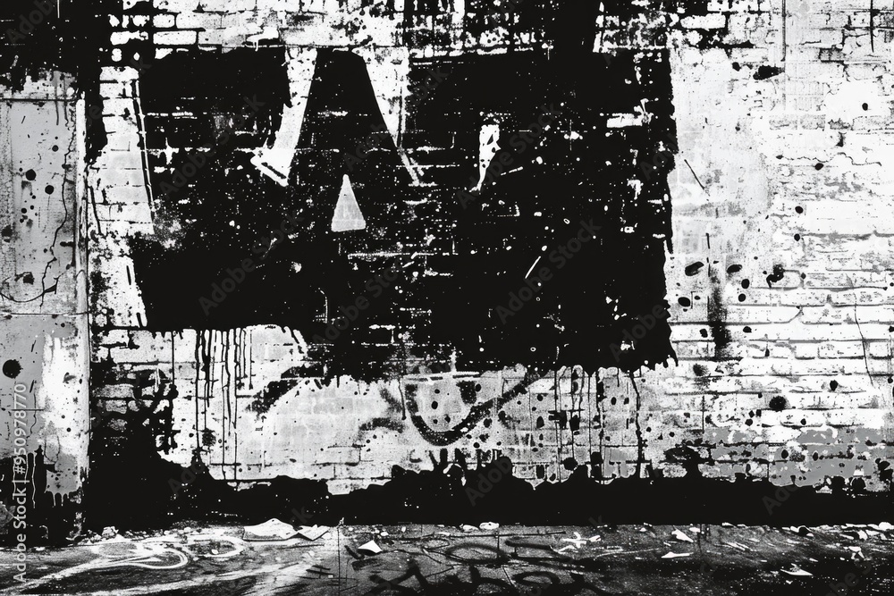 A black and white photo of urban street art on a brick wall, perfect for use in projects about creativity, culture, or architecture A black and white photo of urban street art on a brick wall, perfect for use in projects about creativity, culture, or architecture