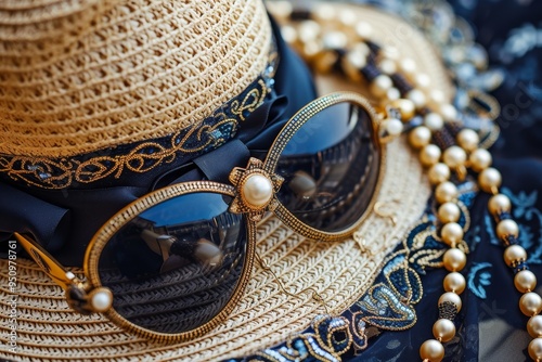 Vintage fashion accessories like hats sunglasses and necklaces photo