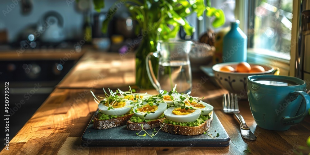 Avocado Spread Breakfast Toast with Boiled Eggs and Cress Accompanied by Water and Coffee on Kitchen Table Avocado Spread Breakfast Toast with Boiled Eggs and Cress Accompanied by Water and Coffee on Kitchen Table