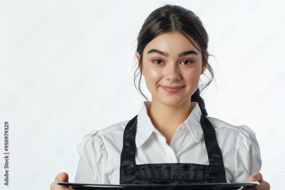 Waitress holding tray white background Waitress holding tray white background