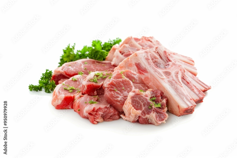 White background showcases various cuts of raw beef lamb pork and chicken White background showcases various cuts of raw beef lamb pork and chicken