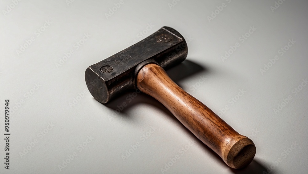 Heavy-duty hammer with sturdy wooden handle on white surface Heavy-duty hammer with sturdy wooden handle on white surface