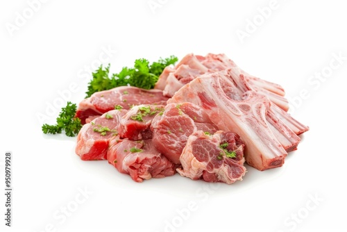 White background showcases various cuts of raw beef lamb pork and chicken