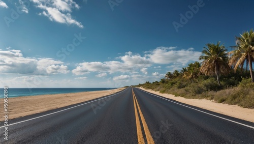 Open highway along the coast with palm trees and a clear blue sky. photo