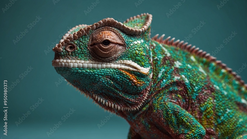 Detailed close-up of a vibrant chameleon against a plain background. Detailed close-up of a vibrant chameleon against a plain background.