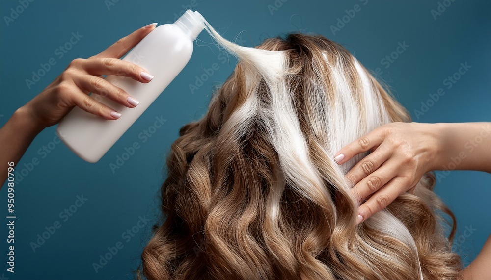 Naklejka premium Hairdresser's hands applying conditioner to curly hair, with a focus on the texture of the h