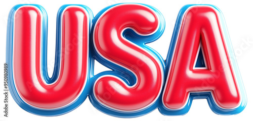 Colorful 3D USA lettering emphasizing patriotic spirit with bold red and blue colors, ideal for celebrations or national events isolated on transparent background.