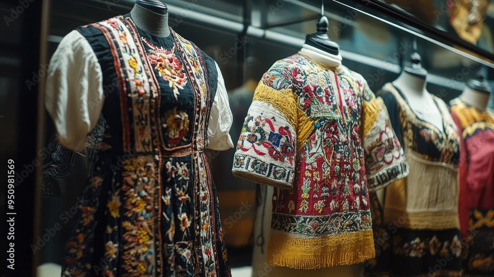 A display of Romanian traditional textiles with detailed embroidery, representing the rich cultural heritage of Romania. A display of Romanian traditional textiles with detailed embroidery, representing the rich cultural heritage of Romania.