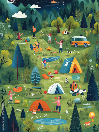  illustration of a family camping trip, featuring a campsite with activities suitable for all ages.