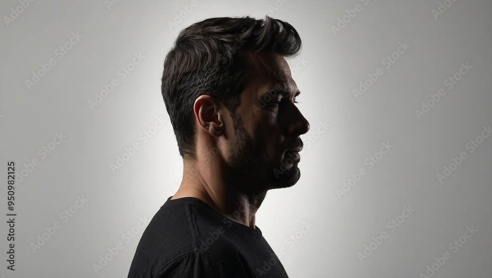 Obraz premium Side profile of a man with dark hair against a soft gradient backdrop