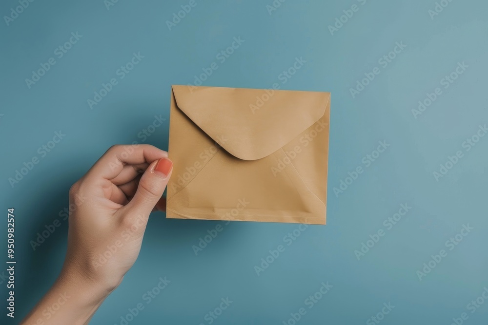 Fototapeta premium Woman voter holds envelope above ballot on blue background