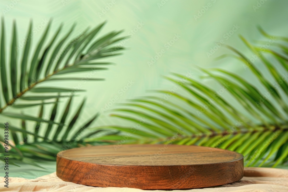 Obraz premium Wooden podium with palm leaves and pastel background for product presentation
