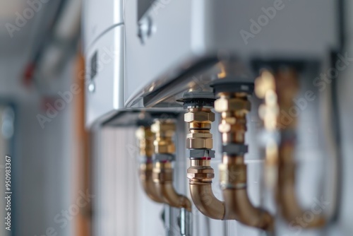 Gas water heater installation featuring piping and fittings in a residential area photo