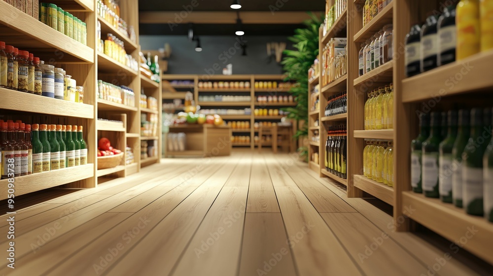 A low-angle view of a grocery store aisle lined with neatly organized shelves filled with various products. A low-angle view of a grocery store aisle lined with neatly organized shelves filled with various products.