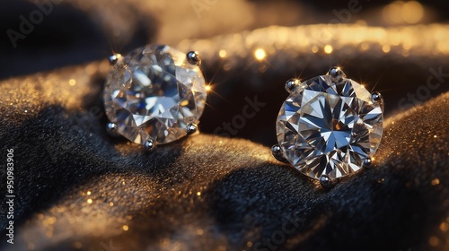 Close-up of two diamond stud earrings displayed on a rich, luxurious fabric. photo