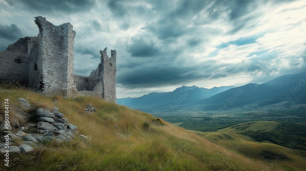 An ancient stone castle ruins perched on a lush green hill, surrounded by a scenic mountainous landscape.