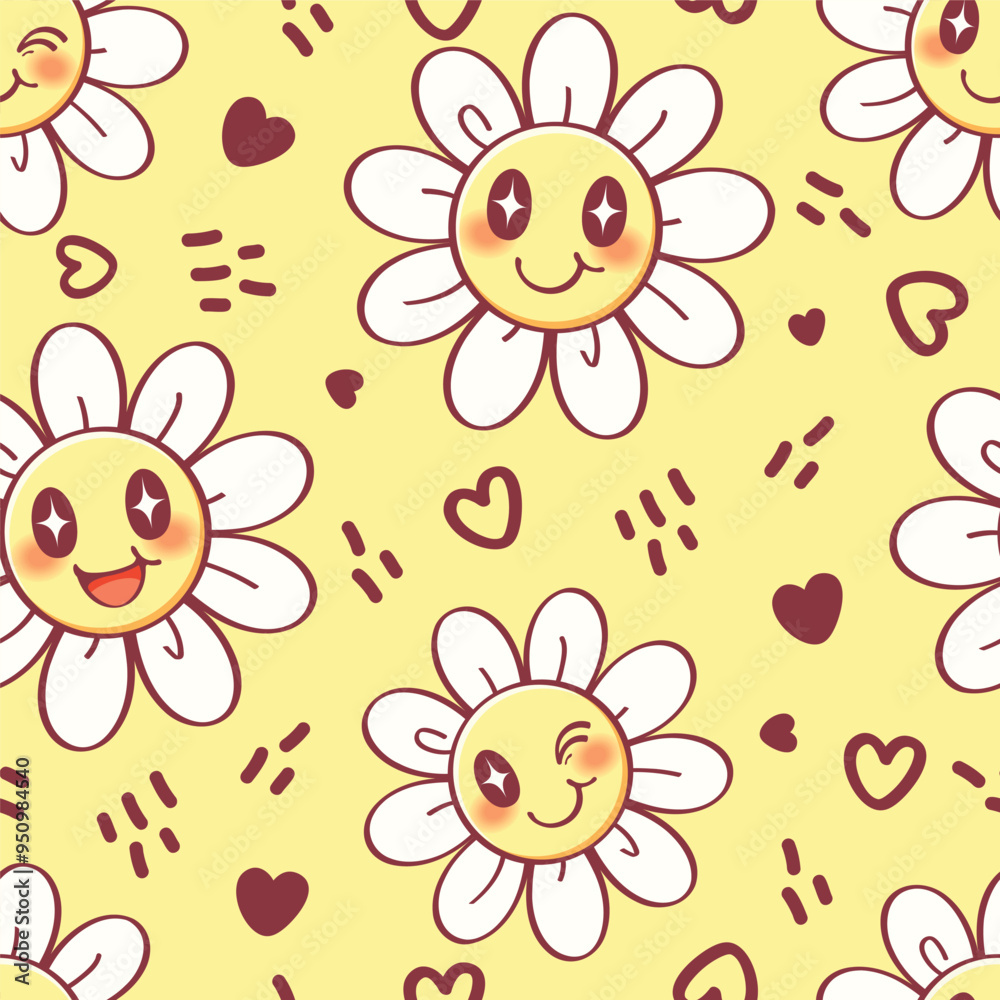 Seamless pattern cartoon of smile face flower and cute heart. Groovy doodle style, Yellow color tone, Pattern design for fabric and wrapping paper, wallpaper and fashion prints. Seamless pattern cartoon of smile face flower and cute heart. Groovy doodle style, Yellow color tone, Pattern design for fabric and wrapping paper, wallpaper and fashion prints.