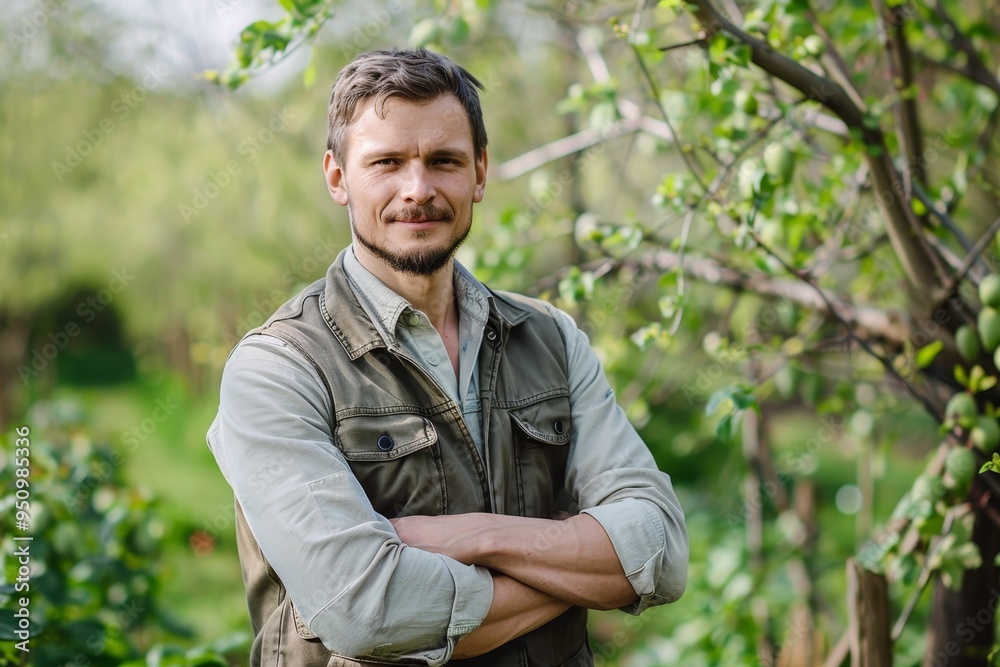 Young farmer posing on his land in spring wearing a work shirt and vest surrounded by lush trees Young farmer posing on his land in spring wearing a work shirt and vest surrounded by lush trees