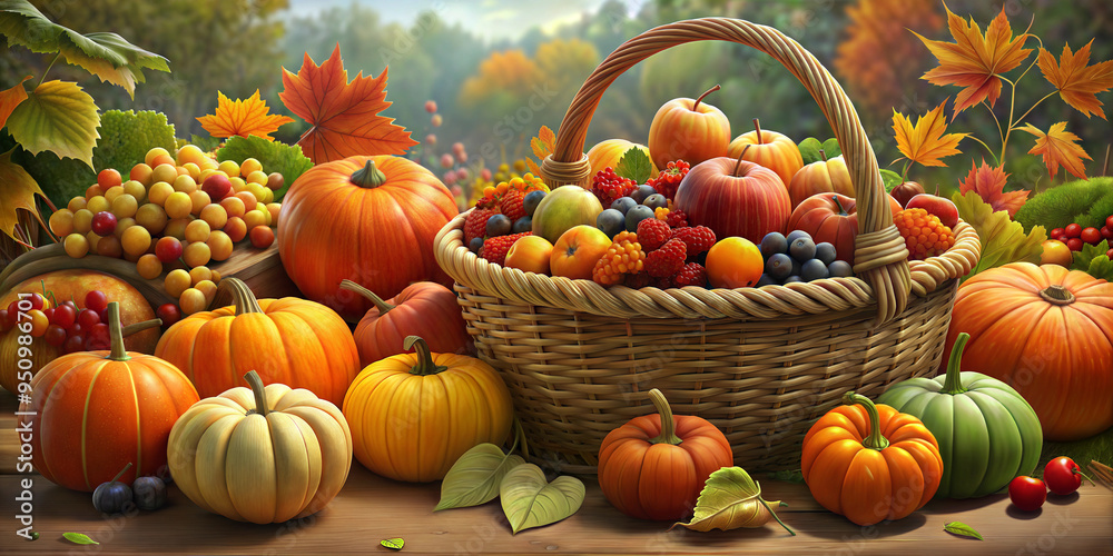 Vibrant Autumn Basket with Pumpkins and Harvest Fruits in a Colorful Fall Landscape Vibrant Autumn Basket with Pumpkins and Harvest Fruits in a Colorful Fall Landscape