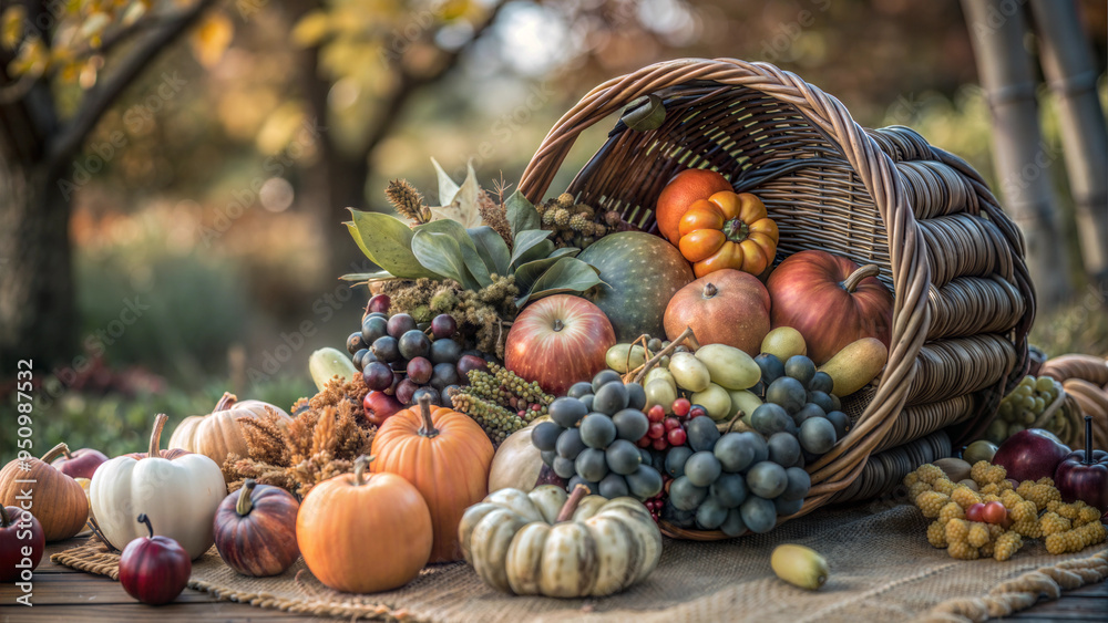 Autumn Harvest Cornucopia with Fresh Fruits and Vegetables on Rustic Outdoor Table