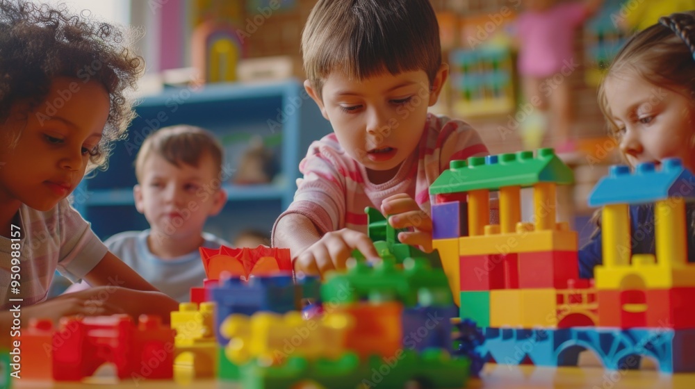 Group of kids having fun at a table with various toys, great for back to school or childhood concepts Group of kids having fun at a table with various toys, great for back to school or childhood concepts