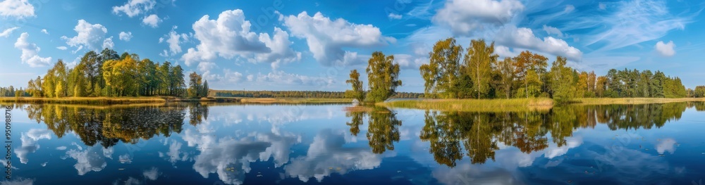 Tranquil Autumn Lake Reflecting Colorful Trees and Clouds Tranquil Autumn Lake Reflecting Colorful Trees and Clouds