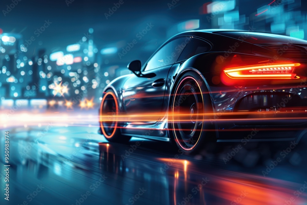 Naklejka premium Drifting sports car wheel at night in city lights