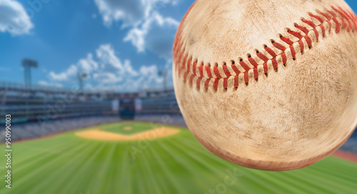 Fotografija Baseball Flying Through The Air with Stadium in the Background.