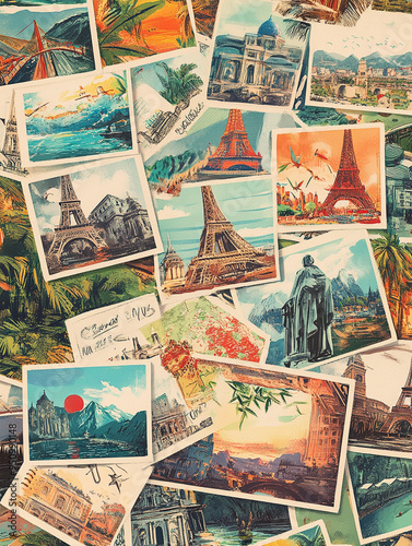 An illustration of postcards designed as travel souvenirs, including images of popular tourist spots