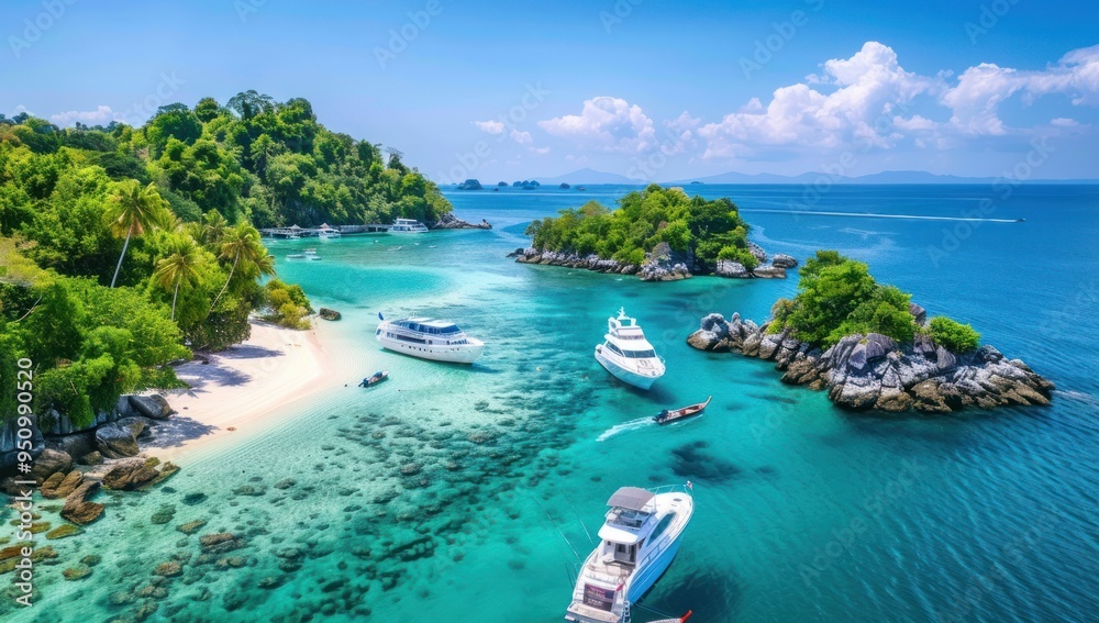 Tropical Paradise: Yachts and Islands in Turquoise Waters Tropical Paradise: Yachts and Islands in Turquoise Waters