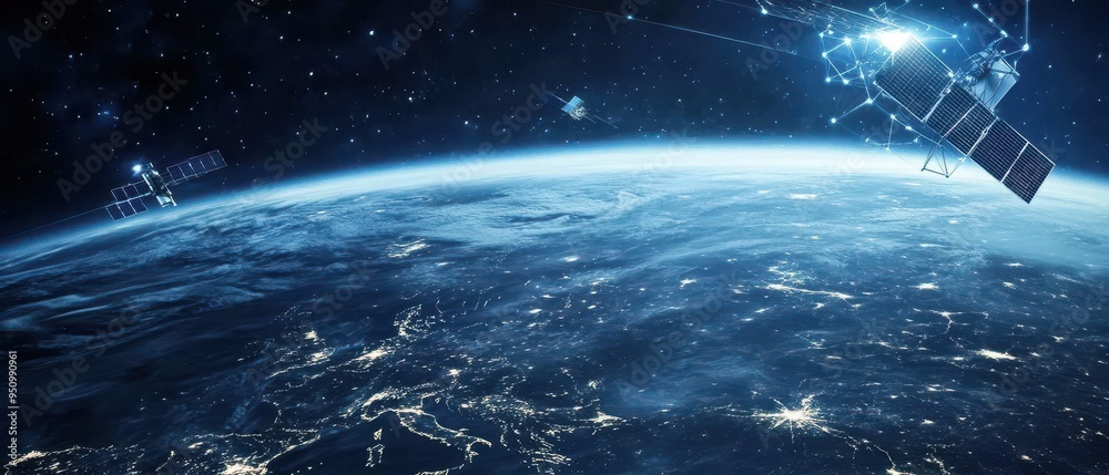 Majestic View of Planet Earth from Space with Orbiting Satellite Majestic View of Planet Earth from Space with Orbiting Satellite
