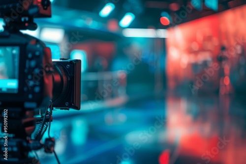 Camera positioned in a blurred news studio with colorful lighting and an indistinct background, capturing a dynamic broadcast environment