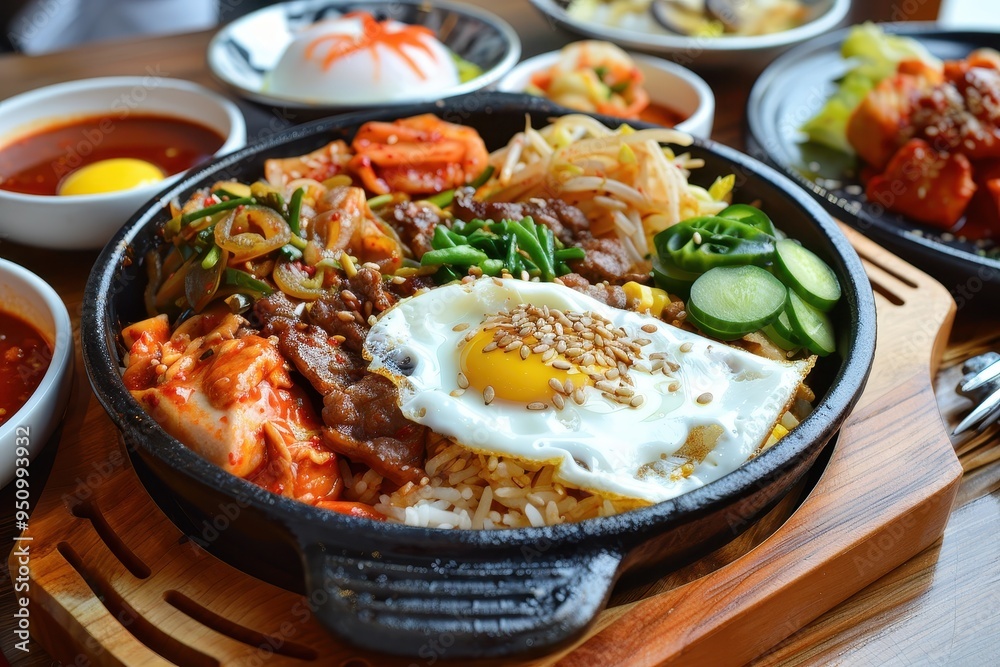 Korean food with stir fried spicy pork anchovy gimbap pickled radish fried egg kimchi fried dumplings tteokbokki omurice rice chicken karaage sirloin pork cutlet in sauce Korean food with stir fried spicy pork anchovy gimbap pickled radish fried egg kimchi fried dumplings tteokbokki omurice rice chicken karaage sirloin pork cutlet in sauce