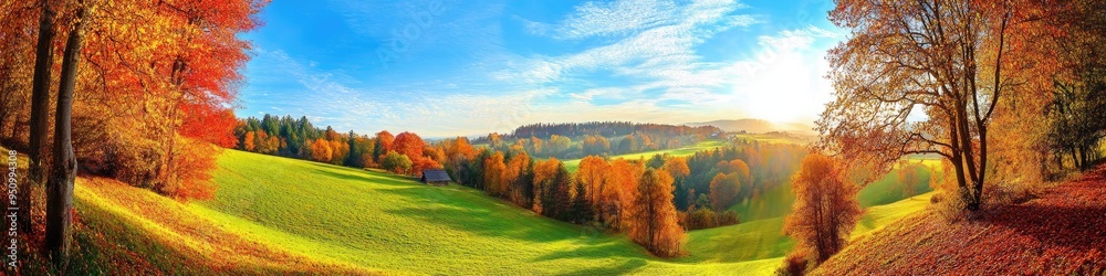 Fototapeta premium Magical landscape in autumn: sunny panorama of rural idyll