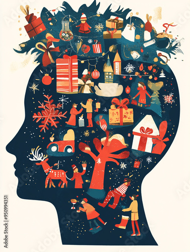 a head as a transparent space filled with holiday-themed visuals. Inside the head, include elements such as festive decorations, presents, holiday lights, and joyful scenes of celebrations. photo