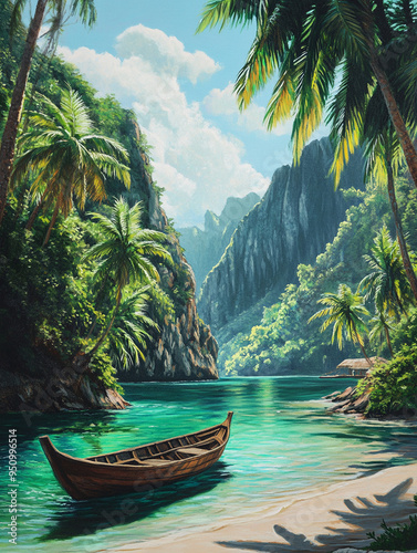 Paradise Found: A vibrant tropical island scene with lush greenery, tall palm trees, and crystal-clear turquoise water.