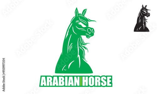 GREAT GREEN ARABIAN HORSE HEAD LOGO, silhouette of strong mare vector illustrations
