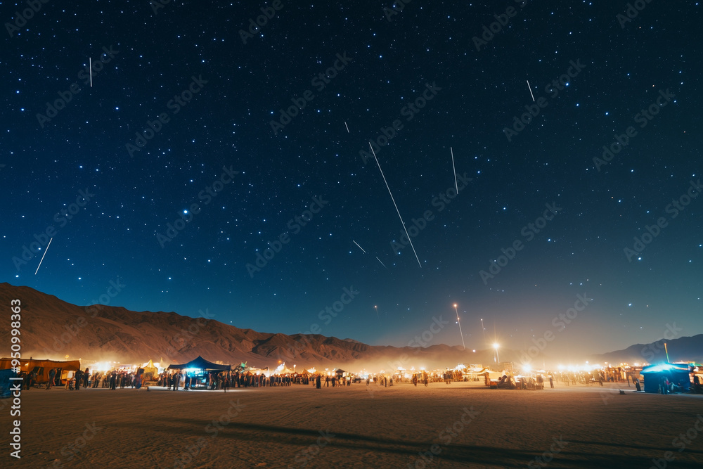 Fototapeta premium Celestial Wonder: Shooting Stars Above a Desert Festival