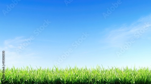 Green grass on blue clear sky, spring nature theme. Panorama