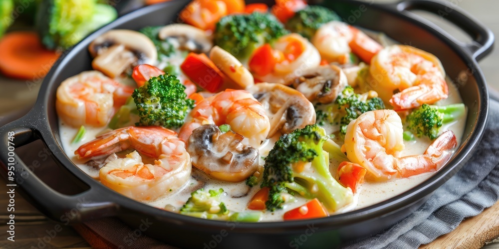 Creamy shrimp dish with mushrooms broccoli and mixed vegetables Nourishing meal Creamy shrimp dish with mushrooms broccoli and mixed vegetables Nourishing meal