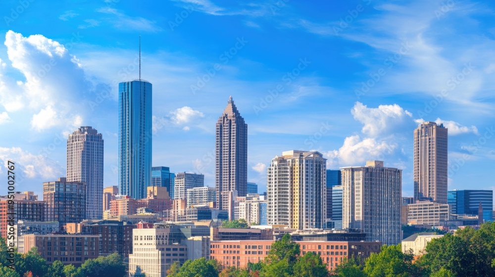 Fototapeta premium Downtown Atlanta Skyline showing several prominent buildings and hotels under a blue sky