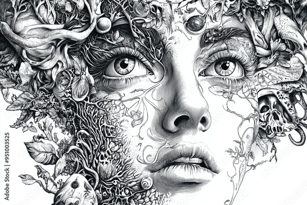 Fototapeta premium A Detailed Ink Illustration of a Woman's Face Embellished with Vines and Flowers